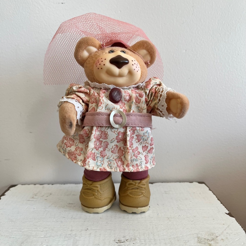 Vintage Furkins Bear Doll Panosh Place Floral Dress Pink Veil Tan Boots 1980s
